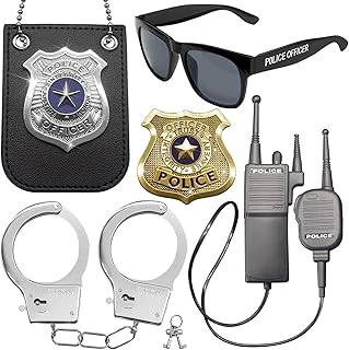 5 PCS Police Pretend Play Set Cosplay Gear Gifts FBI Accessories, Include 2 PCS Police Badges, Police Officer Sunglass, Handcuffs, Walkie Talkie
