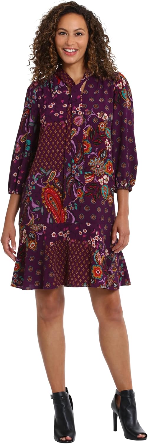 London Times Women's Women's Dresses Tie Neck Bishop Sleeve Flounce Hem Perfect Fall Dress Versatile Chic Office