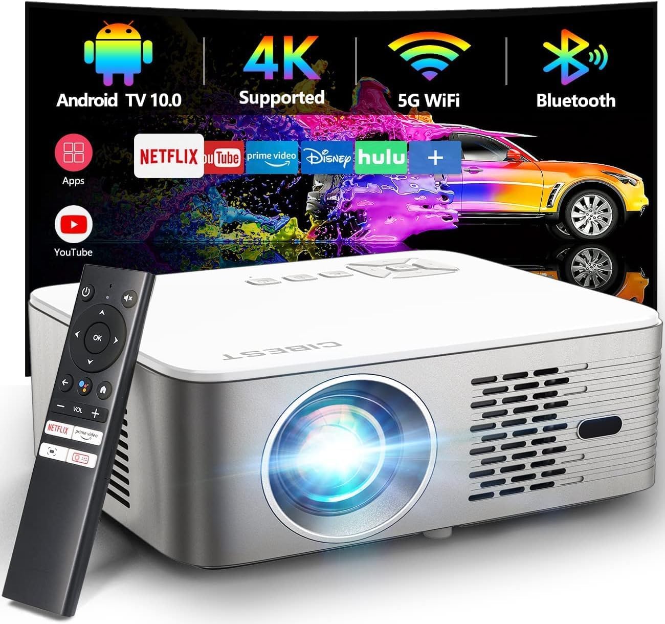 Projector 4K Support with 5G WiFi Bluetooth, CIBEST Android TV 10 Native 1080P Full-Sealed Optical Engine Home Movie Outdoor Projector with Netflix/Prime Video Built-in, Autofocus,Stereo Sound