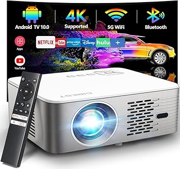 Projector 4K Support with 5G WiFi Bluetooth, CIBEST Android TV 10 Native 1080P Full-Sealed Optical Engine Home Movie Outdoor Projector with Netflix/Prime Video Built-in, Autofocus,Stereo Sound