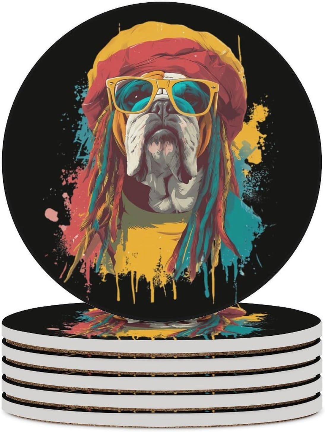 Bull Dog Rasta Round Ceramic Coasters for Drinks Absorbent Cup Holder Tabletop Protector with Cork Base
