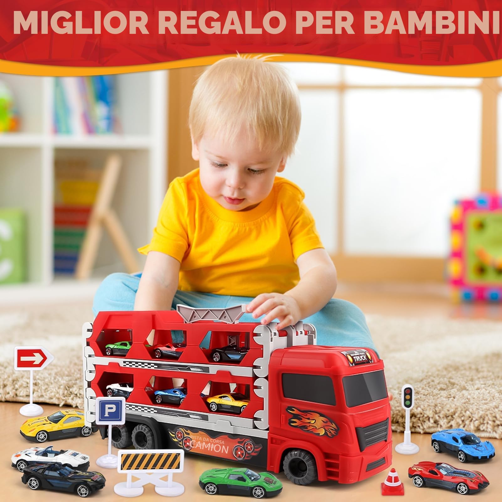 Aoskie Transporter Truck Macchinine Giocattoli per Ragazzi 3 4 5 6 Anni, Camion con 6 Macchinine Tiranti in Lega, Regalo Caldo Auto per Bambini