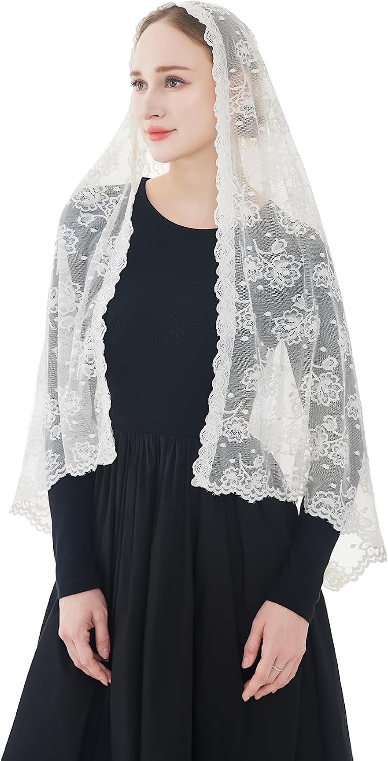 Wgior Catholic Chapel Veil – Floral Mantilla Head Covering for Church, Prayer, and Modesty – Soft Rectangular Shawl