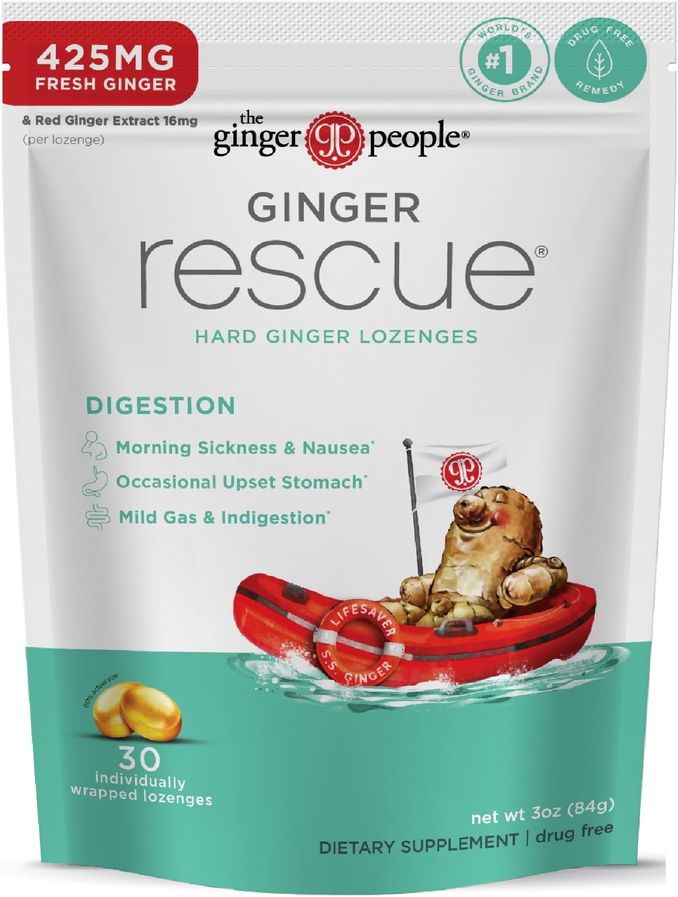 The Ginger People Ginger Rescue Digestive Wellness Lozenges (Hard) | Regular Strength - 425mg | Morning Sickness, Nausea, Upset Stomach, Mild Gas & Indigestion, 30 Count (Pack of 1)
