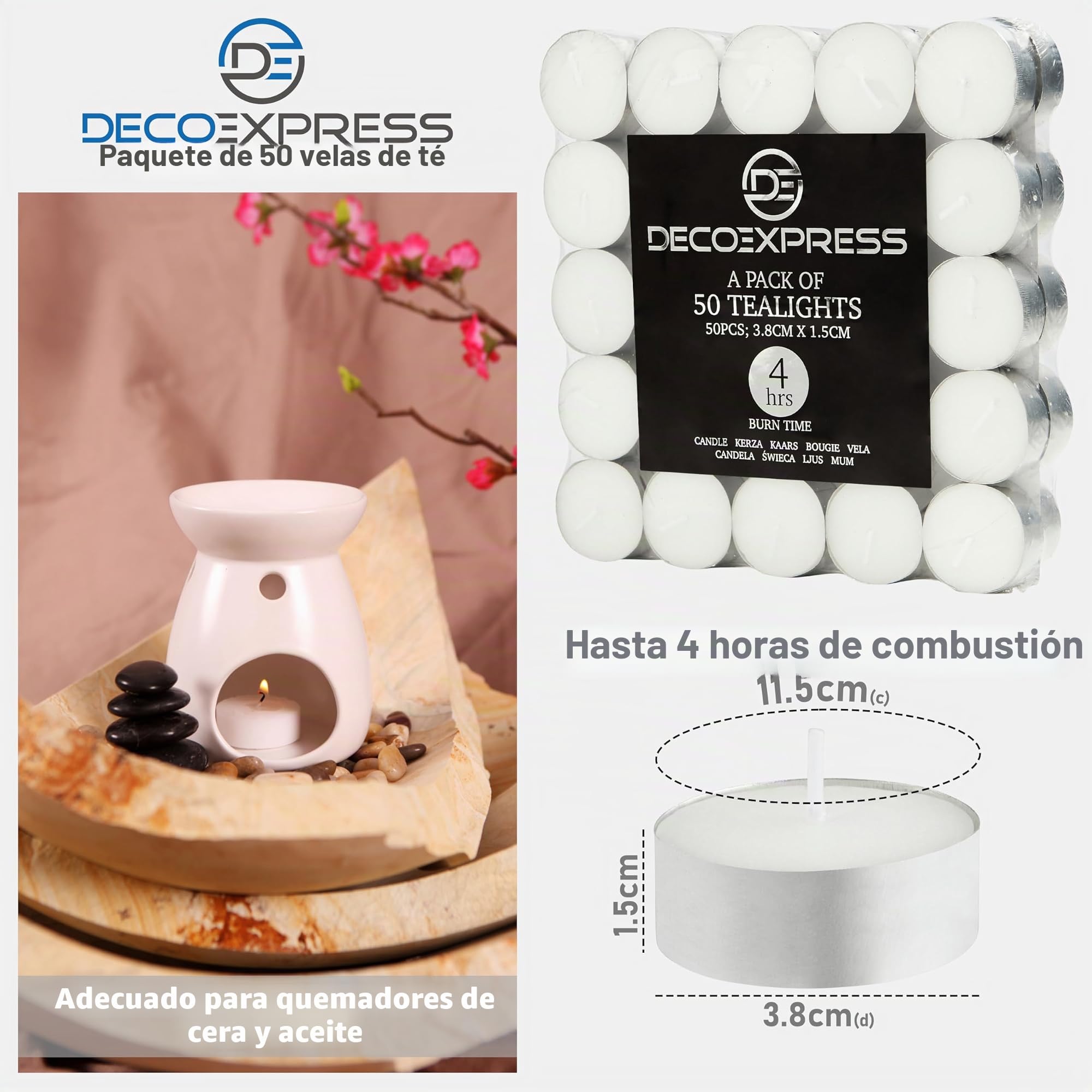 DECO EXPRESS Juego de Velas de 24, 25, 50, 100, 200, Velas Larga Duracion 10, 8 o 4 horas (Blanco 50/4 horas)