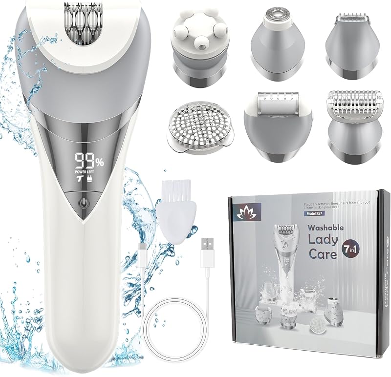 Depiladora para mujeres, depiladora 7 en 1, depiladora para mujeres, afeitadora, bikini, afeitadora facial, cepillo facial, masaje facial y exfoliante corporal, IPX6 impermeable sin dolor, afeitadora para dama húmeda y seca (blanco)
