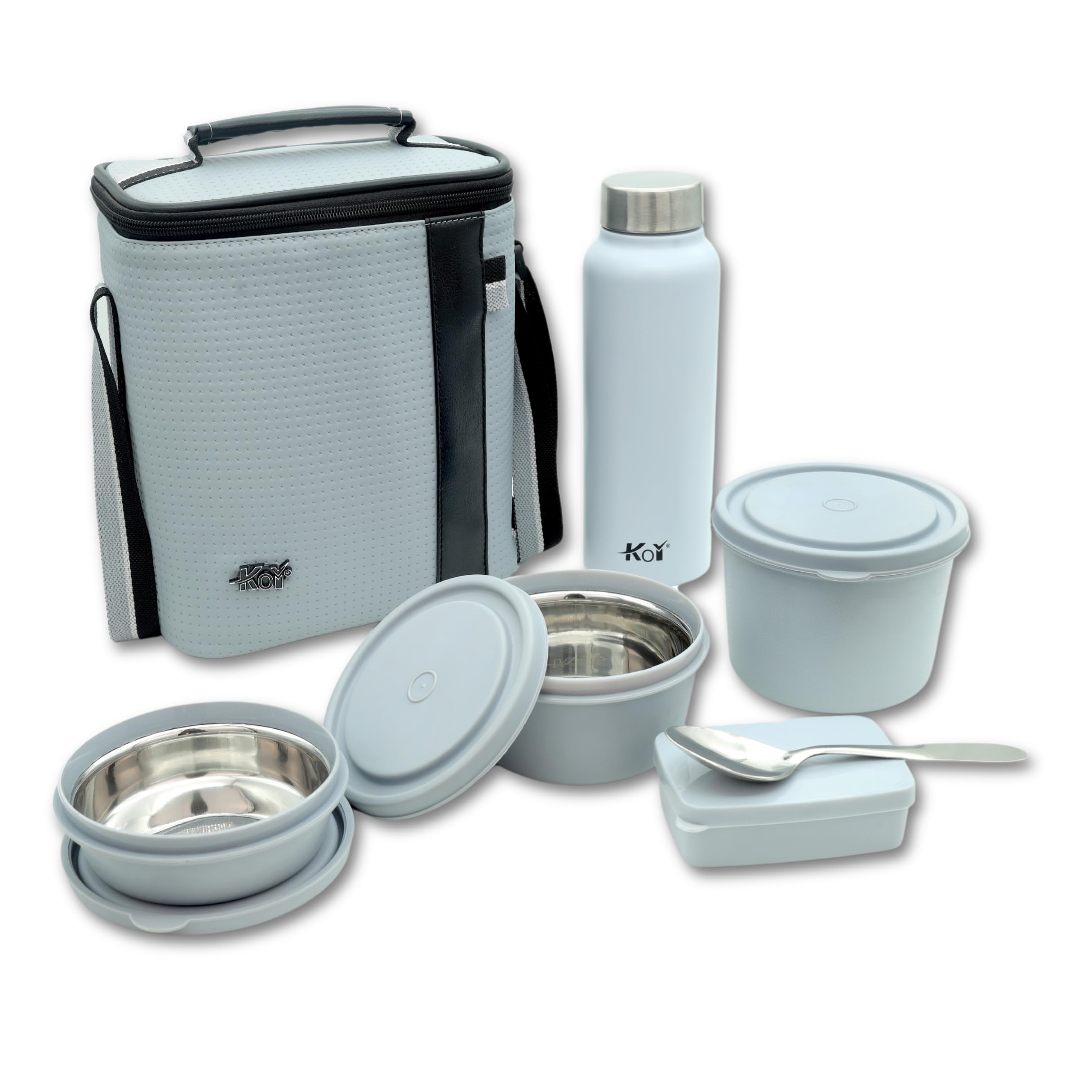 Luxe Lunch Box Set with Insulated Bag Pack of 3 Microwave Safe Steel Containers with BPA-Free Lids (290ml, 450ml, 600ml), Plastic Pickle Box (180ml), and Steel Water Bottle(750ml)- Grey