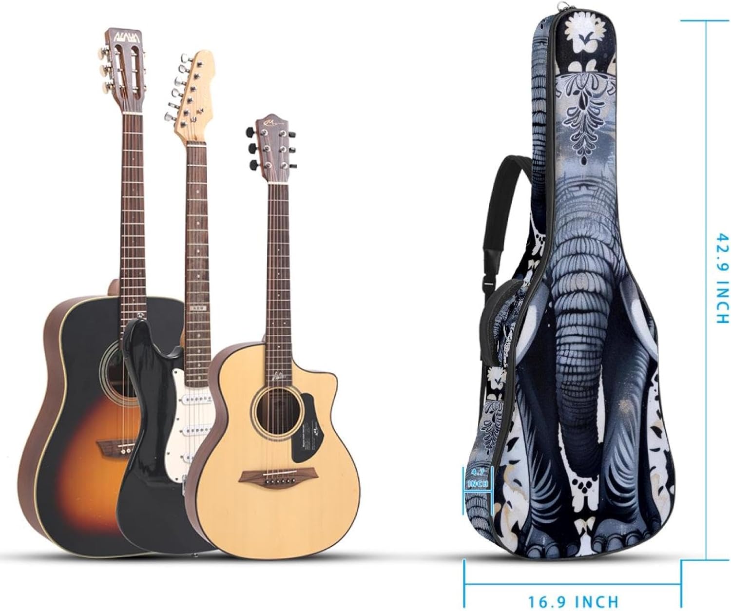 40 41 42 Inch Guitar Bags, Waterproof Padded Acoustic Guitar Case Backpack with Adjustable Shoulder Strap & Pockets, Elephant Aestheic Art Pattern
