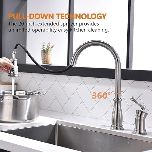 Miniatura 2 de APPASO Grifo de cocina de 3 agujeros con rociador desplegable de níquel cepillado, 3 piezas de grifo de fregadero de cocina con dispensador de jabón