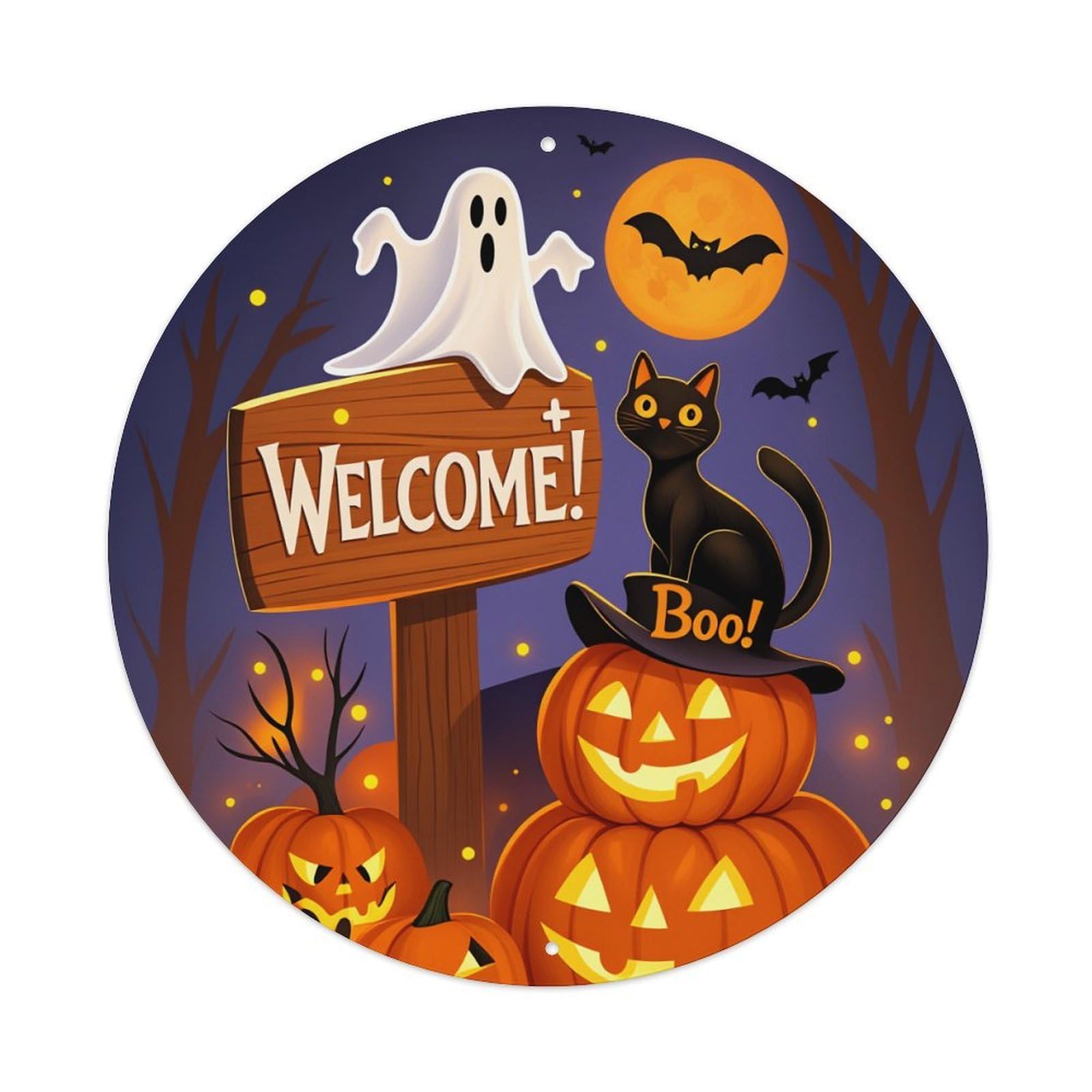 Halloween Ghost Pumpkin Cat Bat Round Tin Sign Vintage Metal Poster, Home Bar Garage Man Cave Cafe Indoor & Outdoor Wall Decoration 8x8Inches