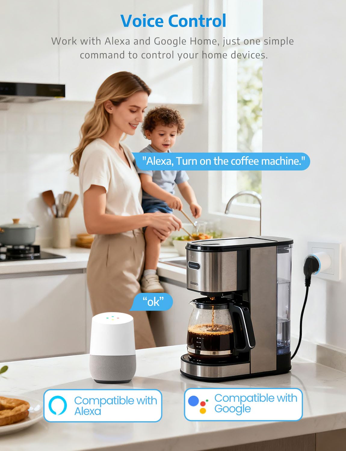 SMARTERCURRY Prise Connectée WiFi (Type F), Prise Intelligente Mini 13A avec mesure du courant, compatible avec Alexa et Google Home, commande vocale et télécommande via application, 4 Pièces