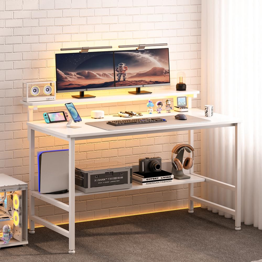 Jantens Gaming Desk with Double Layer Metal Frame Office Table, 3 Heights Adjustable Monitor Rack Study Desk Ergonomic Table with Storage Tier 110 * 45 * 75CM