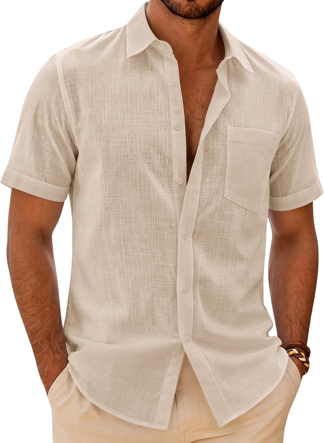 J.VER Mens Linen Textured Shirt 100% Cotton Short Sleeve Button Down Shirts | Summer Casual, Untucked, Relaxed, from Beach Vacation Cruise Pool, Work Office, to Wedding Party Family, and Camp Fishing