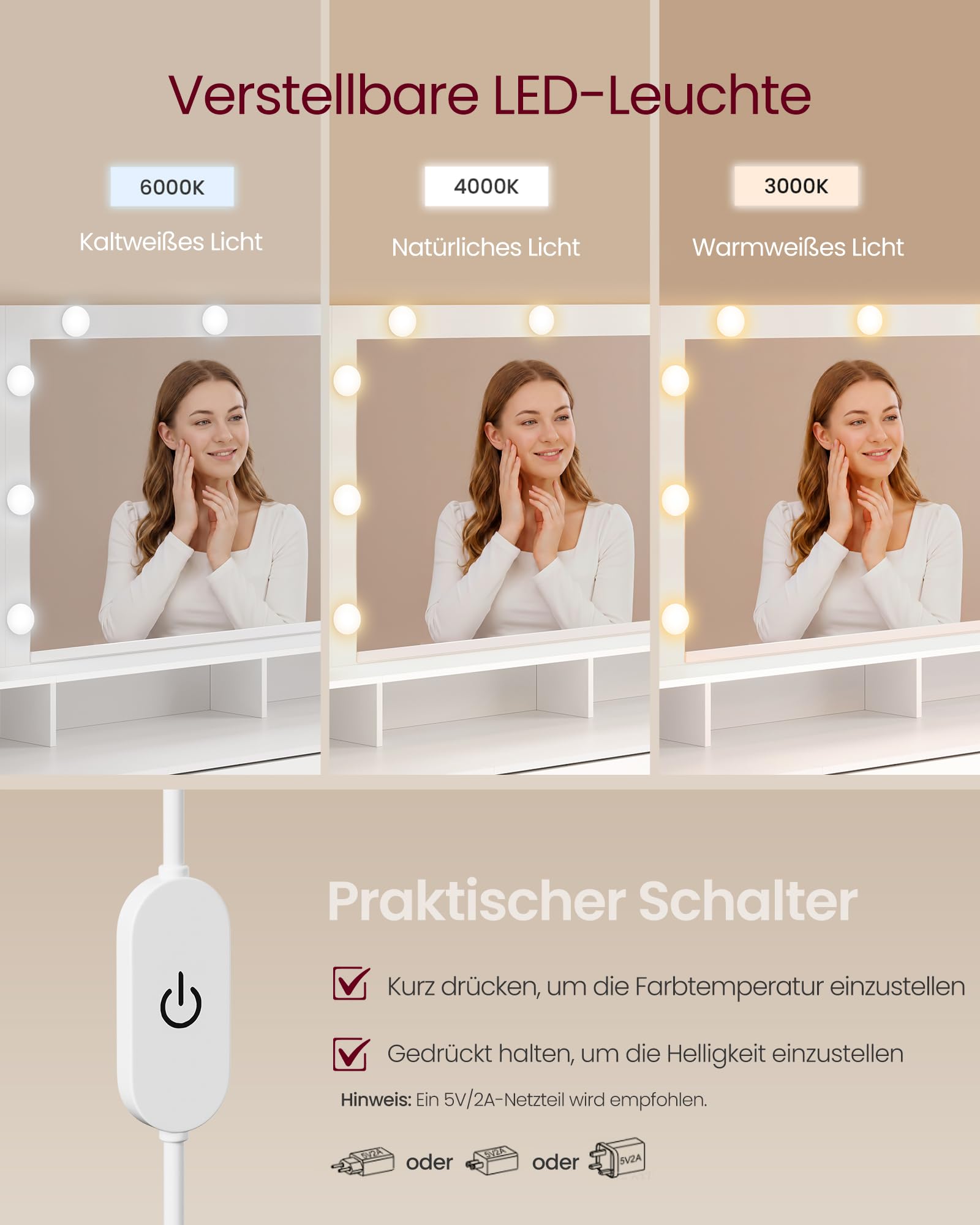 VASAGLE Schminktisch mit Spiegel und Beleuchtung, 10 Schubladen