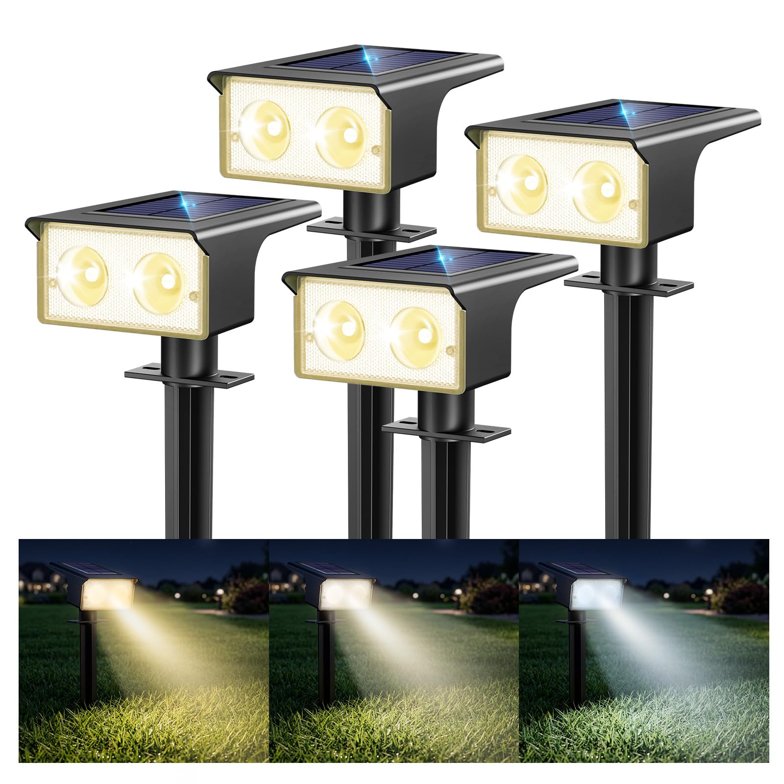 btfarm 4 Stück Solarlampen für Außen, 3000/4500/6000K Solarstrahler für Außen Garten 3 Farben IP65 Wasserdicht LED Solar Strahler Gartenleuchten, Solarleuchten für Outdoor Baum Rasen Weg Hof Garage