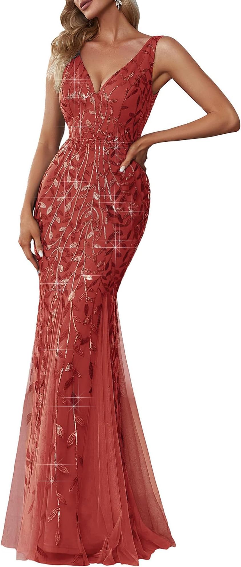 Ever-Pretty Women's Sequin Formal Dress Double V-Neck Sleeveless Mermaid Long Evening Prom Dresses 07886