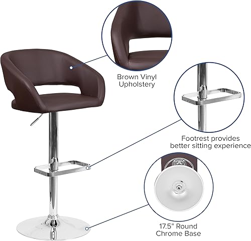 Miniatura 138 de Flash Furniture Erik Taburete de bar contemporáneo de altura ajustable con reposapiés y respaldo medio redondeado, taburete tapizado de altura de