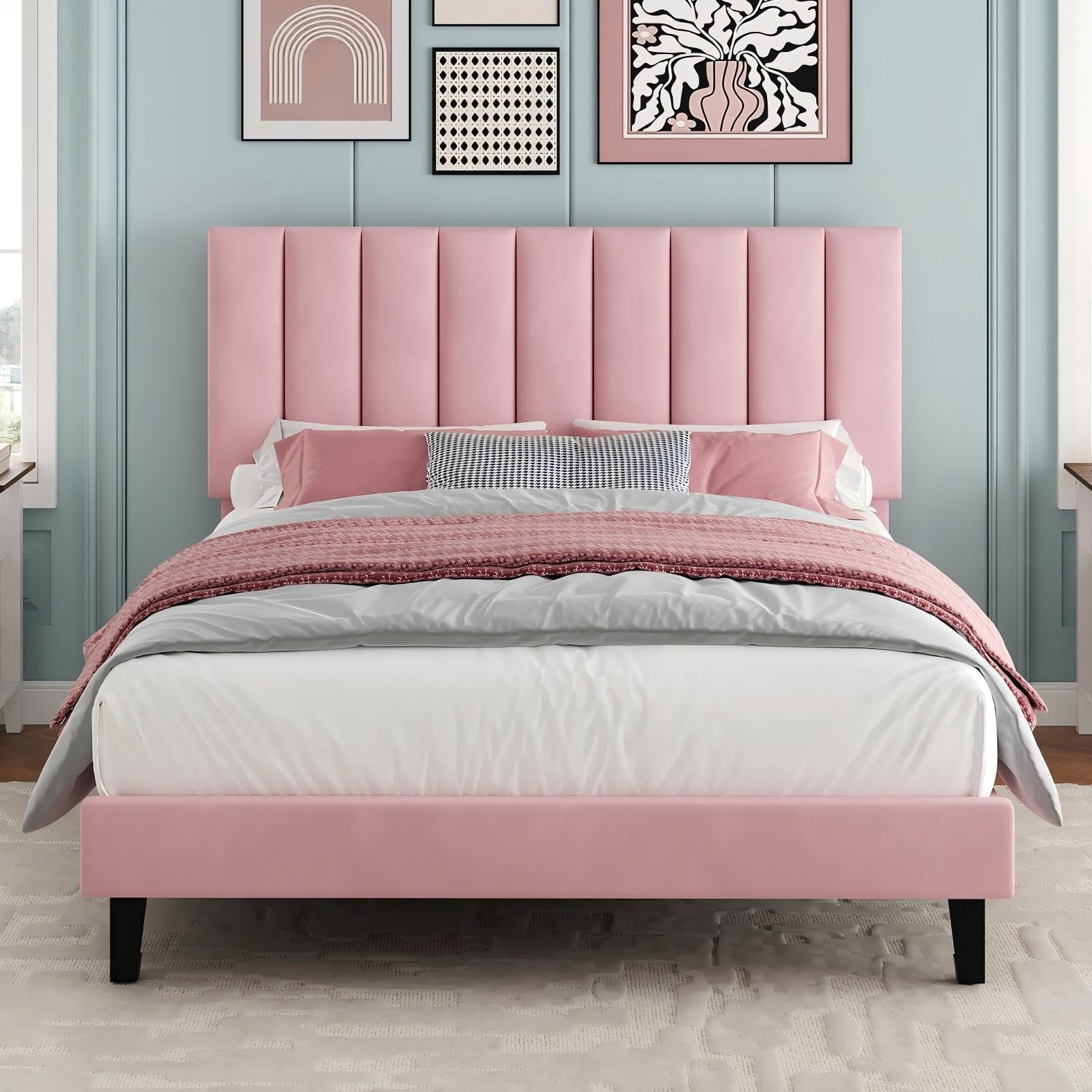 idealhouse full size bed frame, velvet upholstered platform bed with adjustable vertical channel tufted headboard, no box spring needed, easy assembly, pink