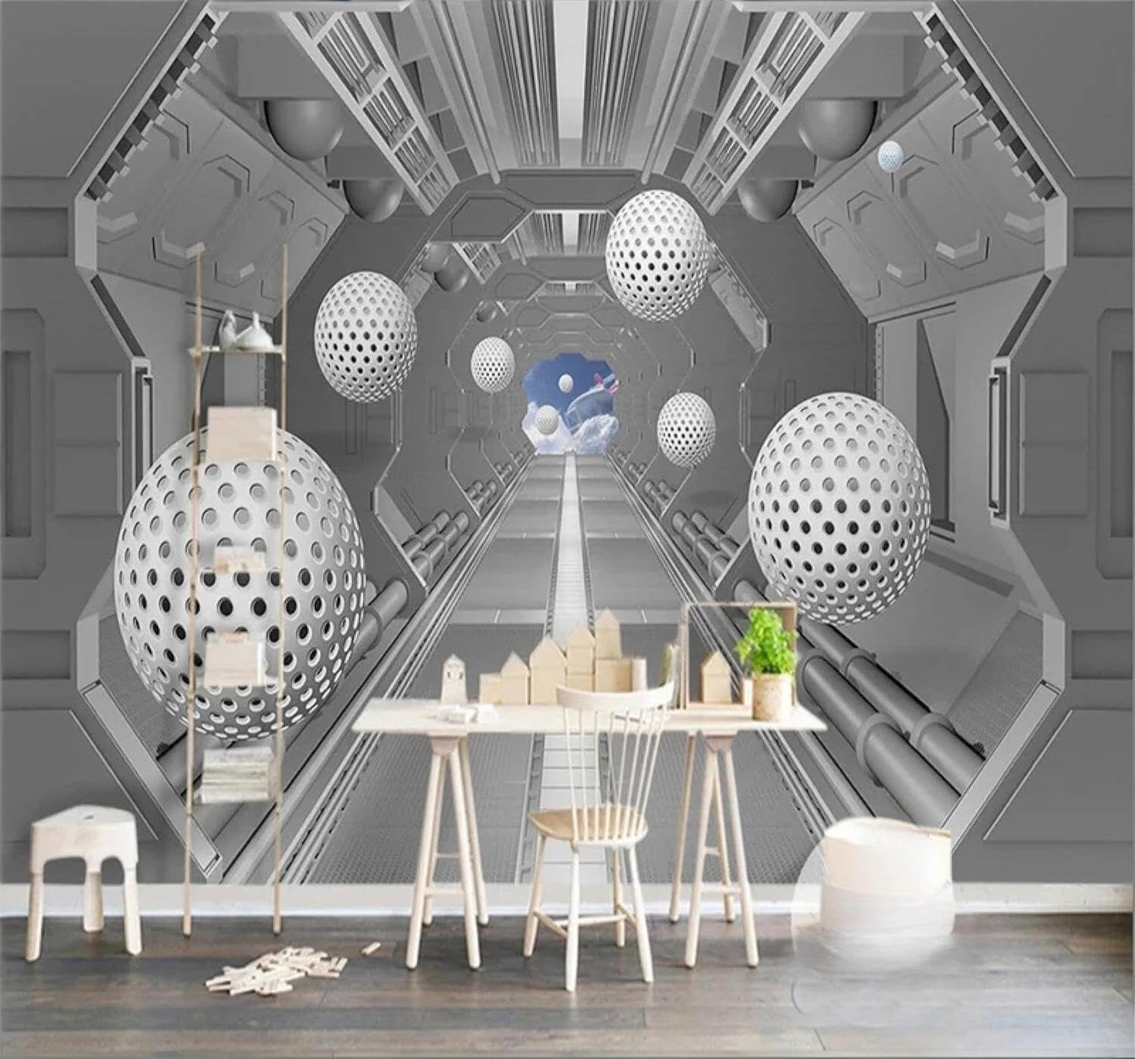 XLMING Creative Three Dimensional Spherical Spaceship Universe 3D Wallpaper Luxury Silk Study Dining Feature Sofa Grey Bedroom Living Room Tv Decorative Wall-250cm×170cm