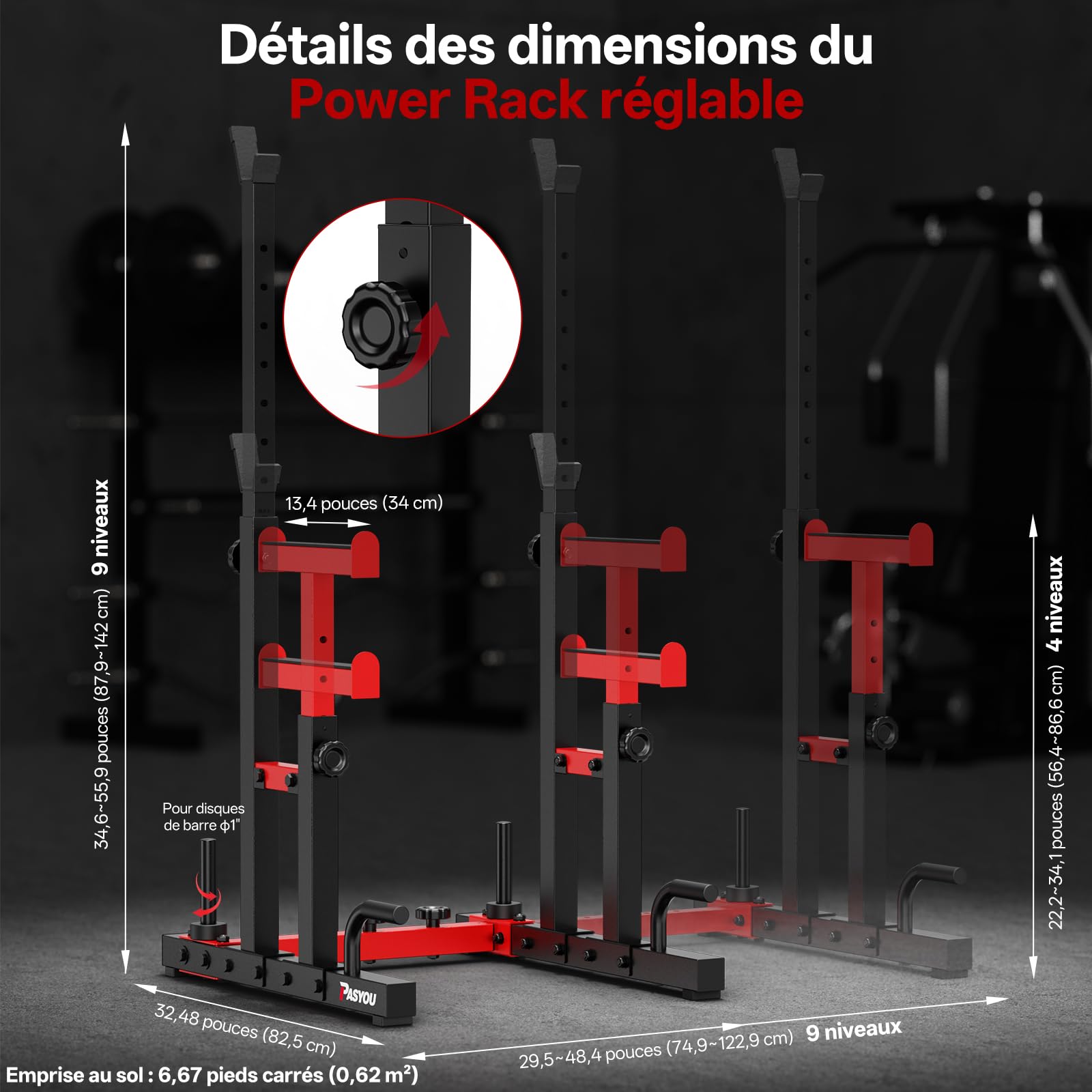 PASYOU Cages de squat,Multi-Fonction Supports de Squat Réglable, Squat Rack Musculation Avec Push up,Fitness Multifonction, Robuste, Noir&Rouge | Support de squat robuste réglable en hauteur, convient pour les squats, développé couché, musculation, 544,3