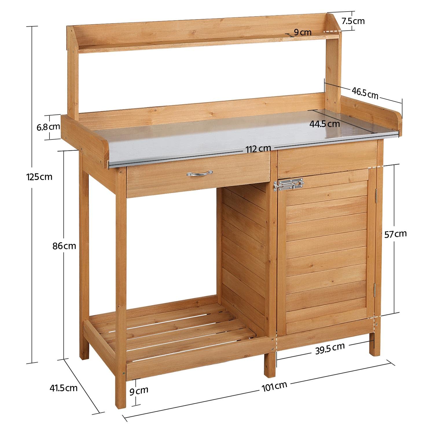Yaheetech Gärtnertisch 112 x 46,5 x 125 cm Pflanztisch mit verzinkter Arbeitsplatte Schublade Unterschrank, Garten Arbeitstisch aus Holz, Blumentisch Hellbraun