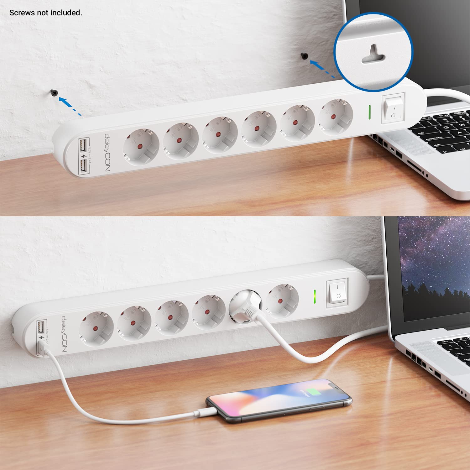 deleyCON Regleta con 1,5 m, Seis Tomas, Puertos USB, Dos Salidas USB-A para Cargar Móvil y Tableta, Protección contra Sobretensión, Interruptor, Blanco — view 3