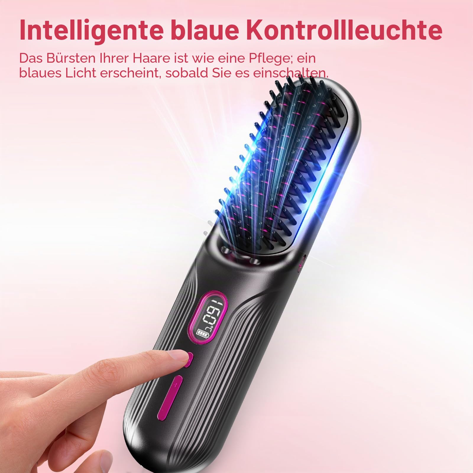 Kabellose Glättungsbürste 9600-mAh-Akku, mit Negativ-Ionen | 12 Temperaturstufen (120–230 °C), Glätteisen USB-Aufladung, Flugmodus, Heizbürste Ideal für Reisen, mit Ladestation