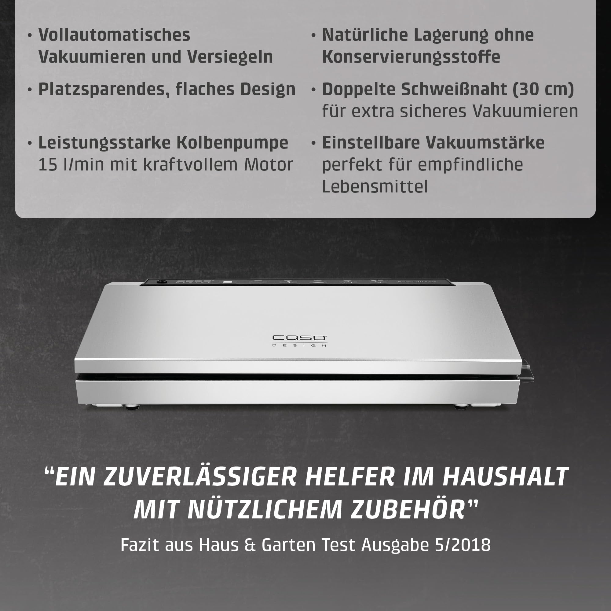 CASO GourmetVAC 280 Vakuumierer, doppelte Schweißnaht, Kolbenpumpe 15L/min, regulierbare Vakuumstärke
