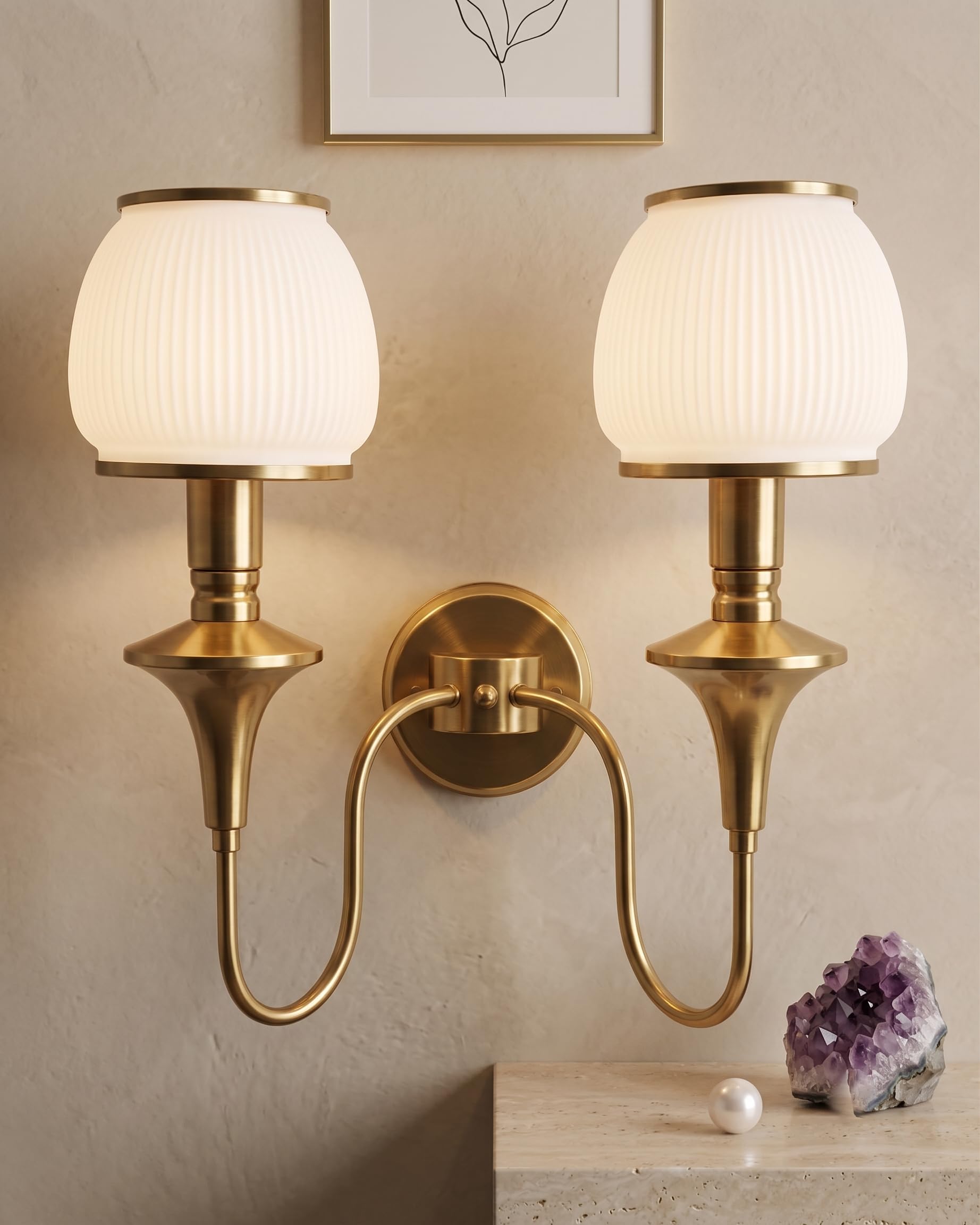 Weldecor Modern Brass Gold Wall Sconce Lamp - 2 Light Indoor LED Compatible Wall Fixture with Golden Ring Frame & Ribbed Glass Shade for Living Room, Bedside, Hallway & Home Decoration-image-41