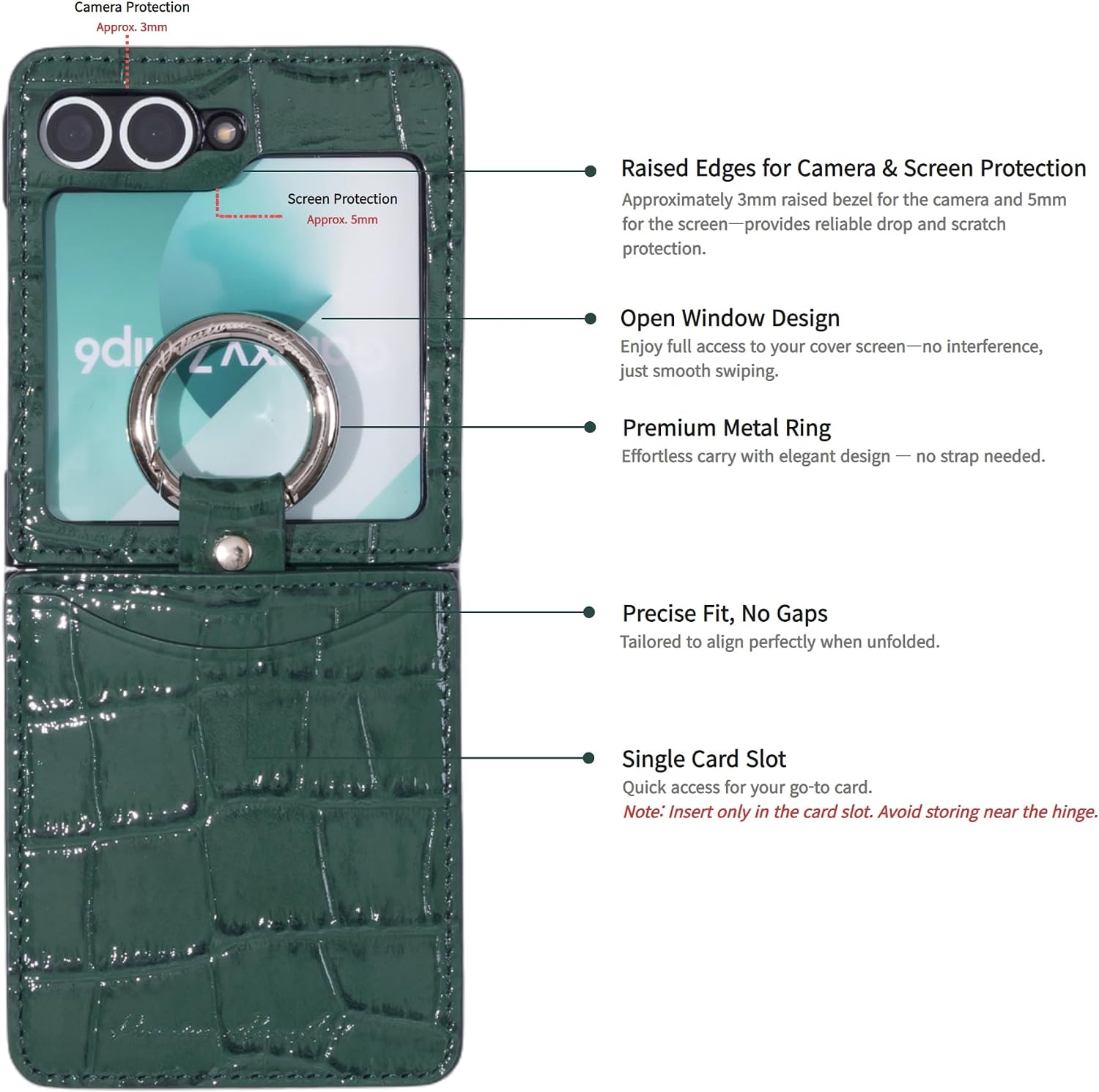 BonAtti Z Flip 6 Case – Compatible with Galaxy Z Flip 6, Premium Genuine Leather with Crocodile Texture, Ring Holder, Card Slot, Hinge Protection – Slim & Stylish Protective Cover (Moss Green)