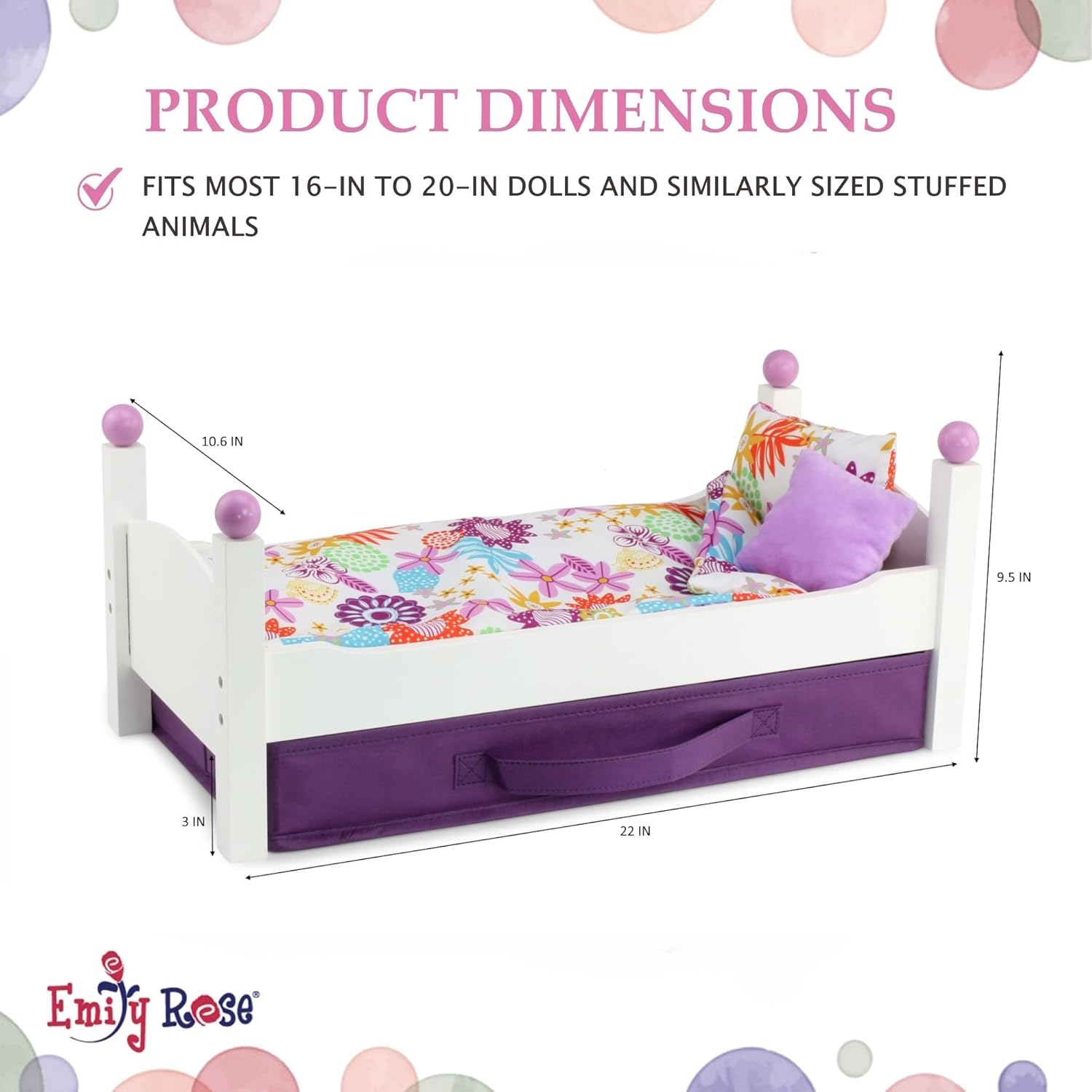 Emily Rose 18 Inch Doll Furniture - White Stackable Wooden Bed Set with Colorful Bedding & Large Clothes and Accessories Storage Bin | Fits American Girl Dolls
