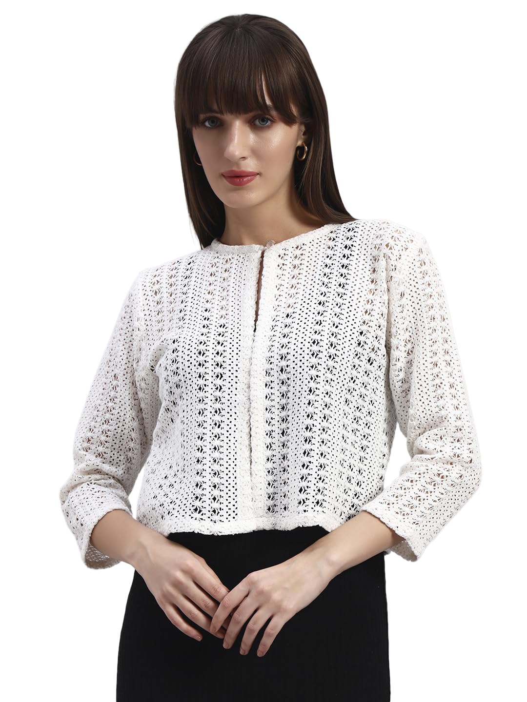 Women’s White Lace Cotton Shrug | 3/4 Sleeve Jacket Style Koti | Casual Self-Design Shrug-image-44