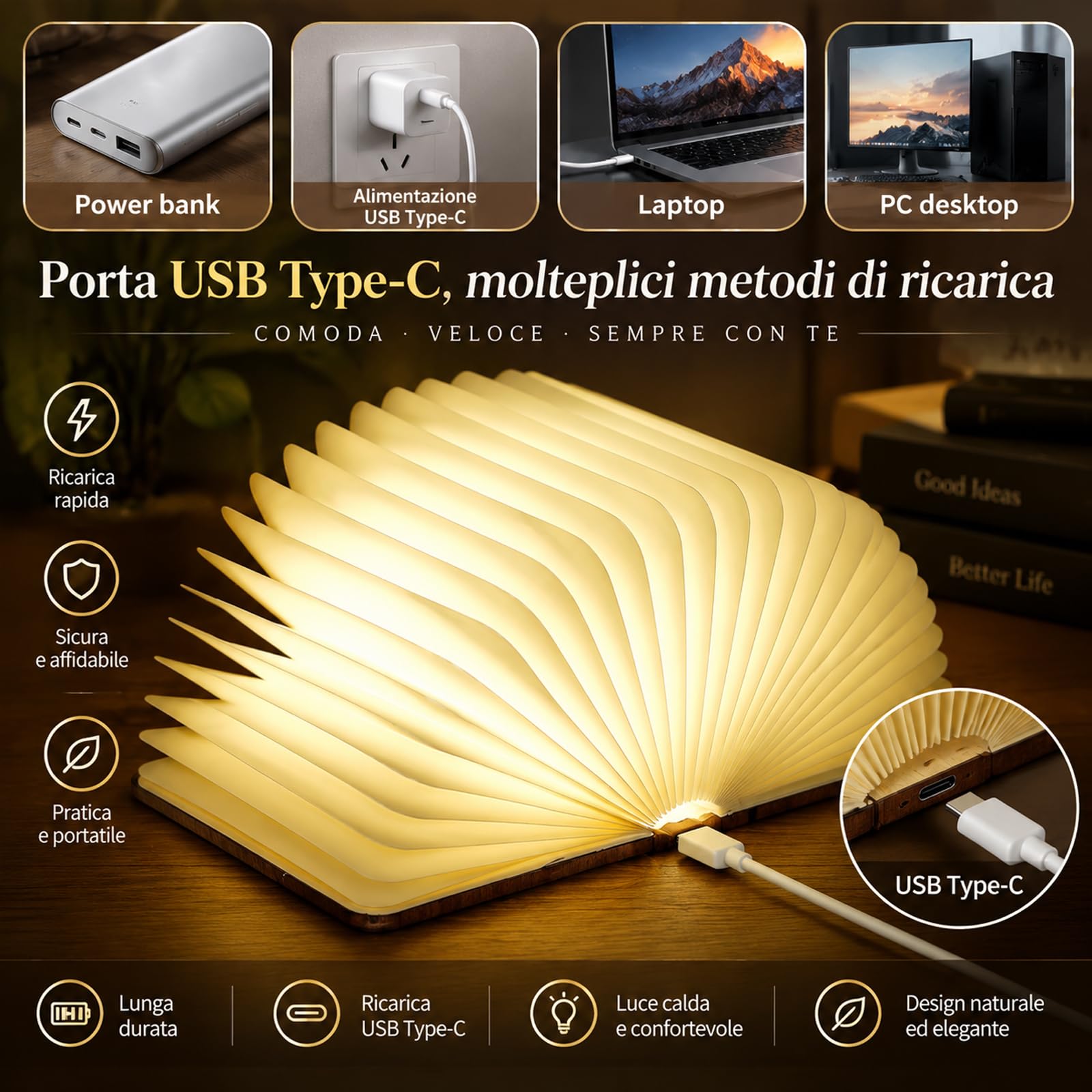 Doni Bomboniere 1 pièce Lampe livre en bois pliable veilleuse portable rechargeable USB lampe de table magnétique design élégant maison bureau décoration (MOD. 04-16,5 x 12,5 x 2,5 cm)