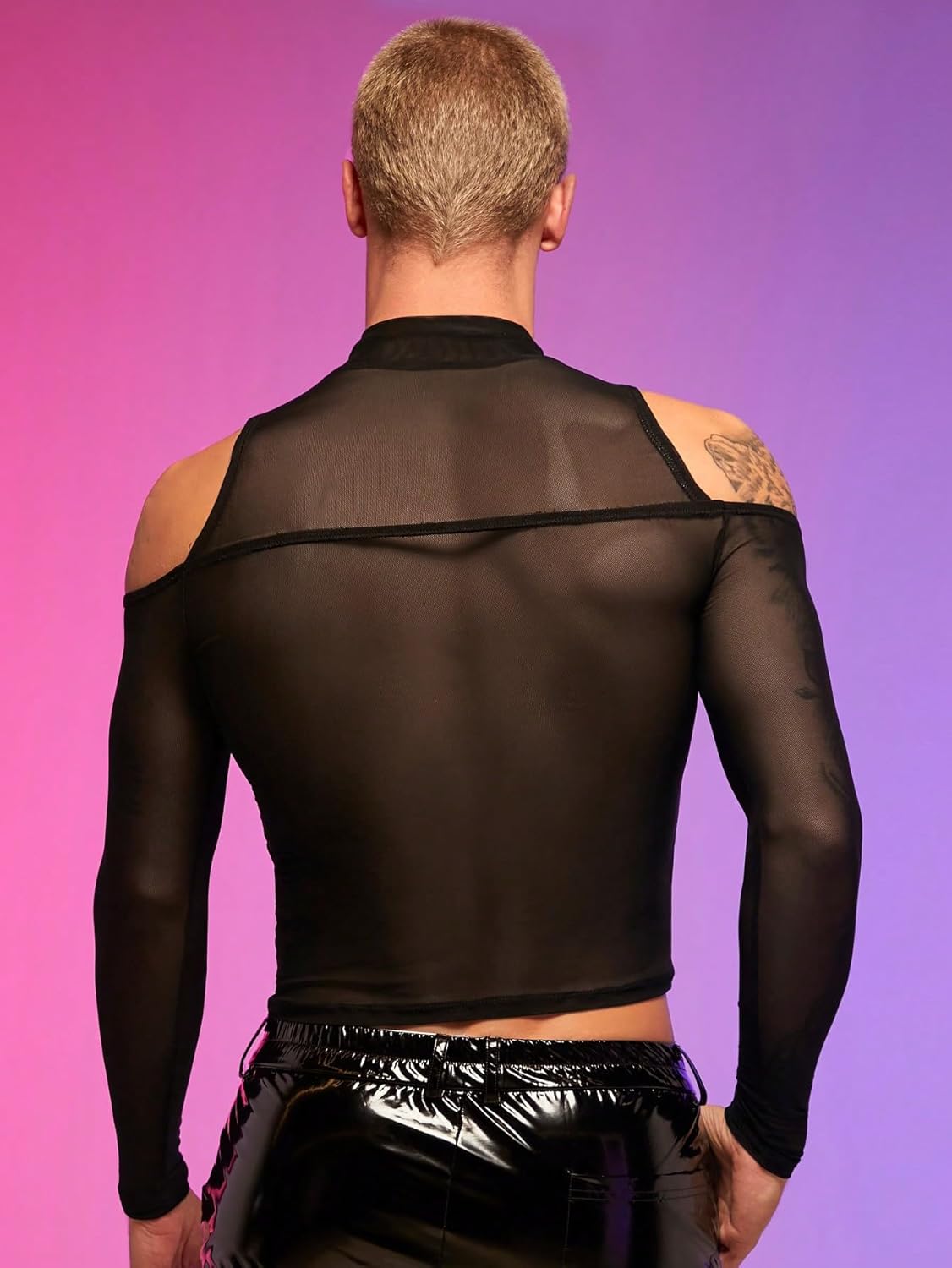 WDIRARA Men's Cut Out Front Mesh Sheer Mock Neck Long Sleeve Bodycon Party Blouse Tops - Image 2