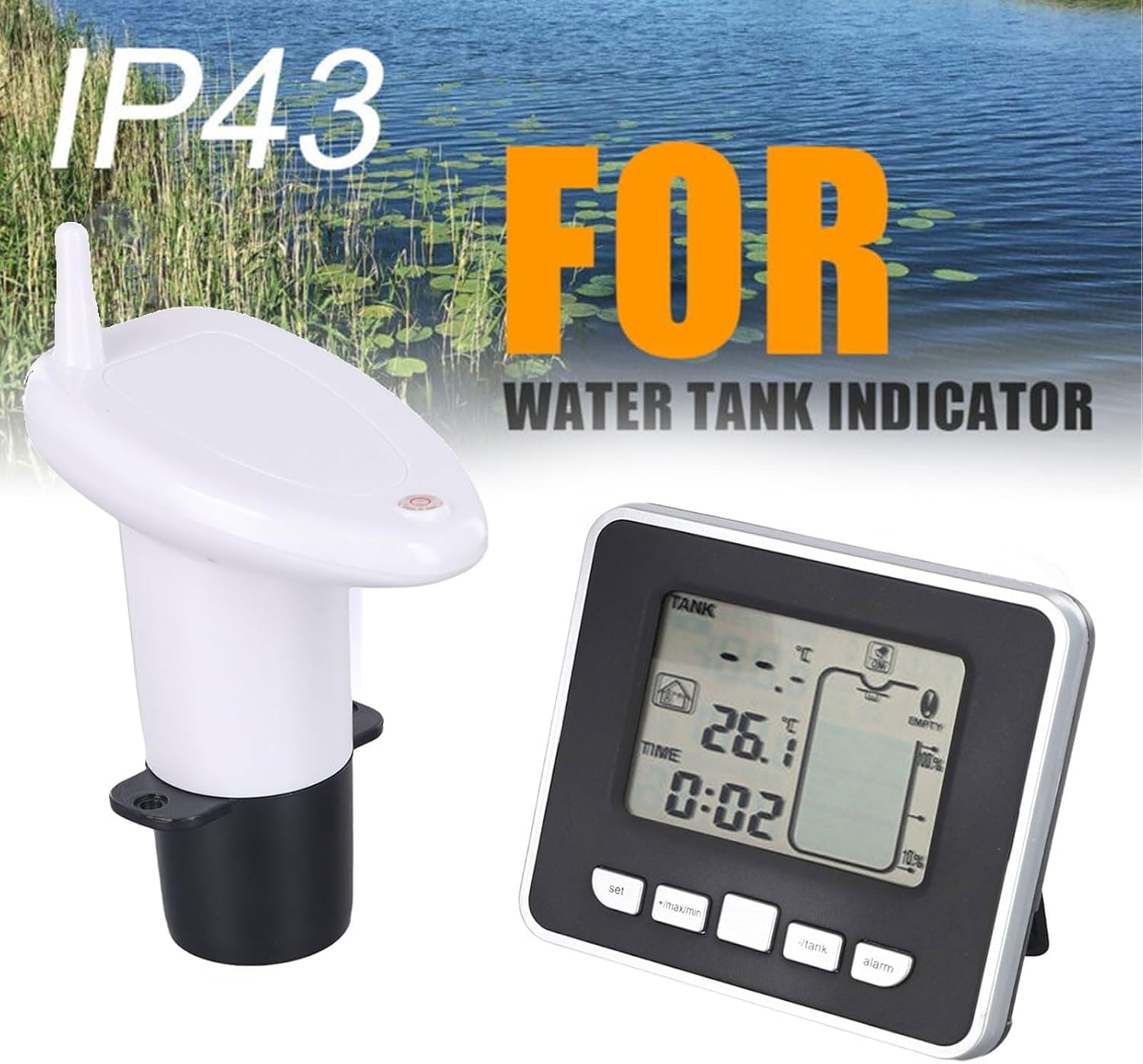Water Tank Level Gauge With Temperature Display And Dual High/Low Alarm, Wireless Monitor For Cistern And Rainwater Storage, IP43 Waterproof Construction, 0-15m Measurement Range, ±1°C Accuracy
