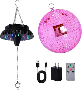 8 Inches Pink Disco Balls and Disco Ball Motor Light with Remote, Rechargeable Battery Operated Rotating Hanging Mirror Ball Spinner with Adjustable Speed - 18RGBW LED Light Up Disco Balls Rotator
