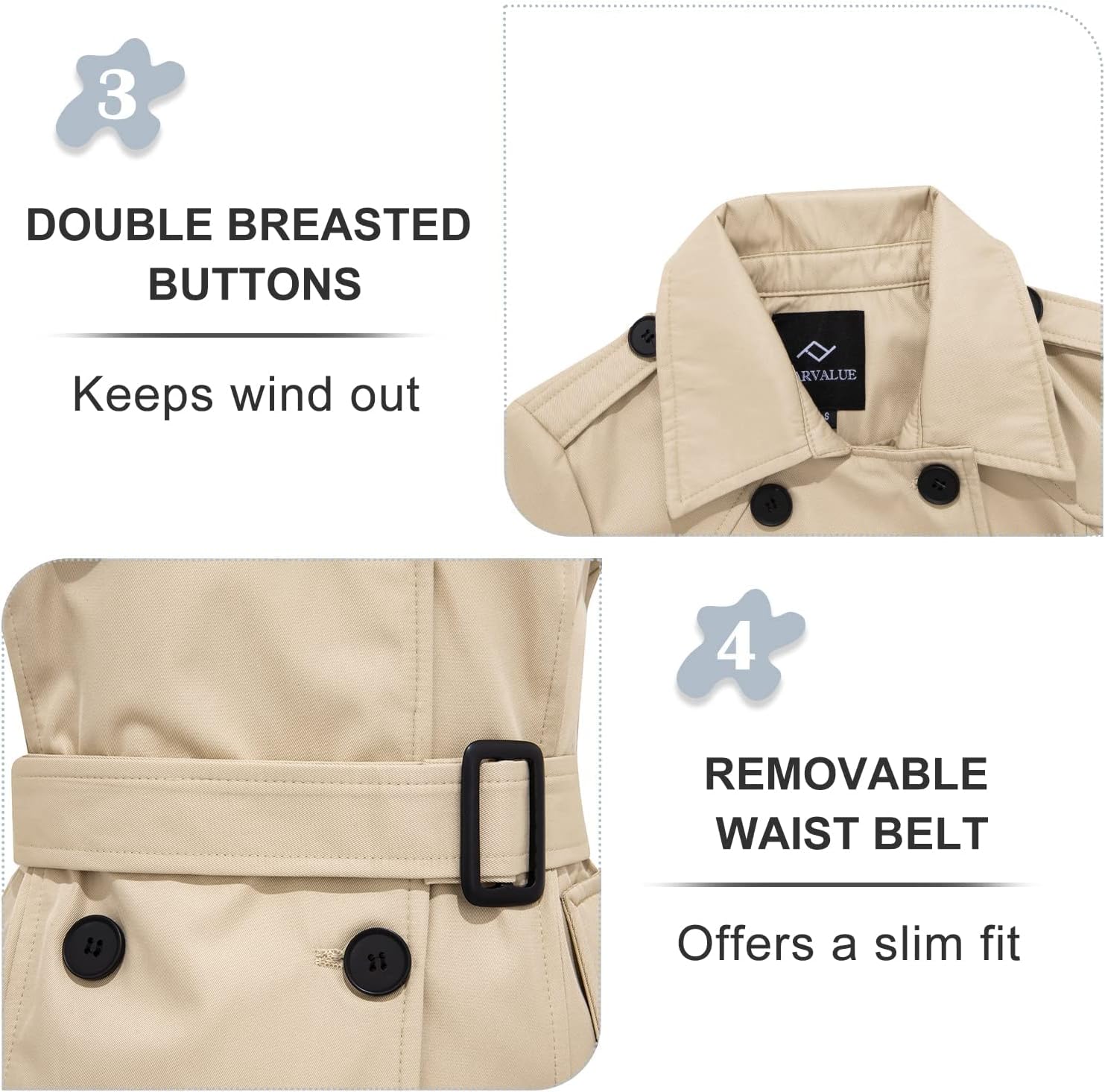 FARVALUE Women's Waterproof Trench Coat Double Breasted Windbreaker Classic Belted Lapel Overcoat with Removable Hood - Image 6