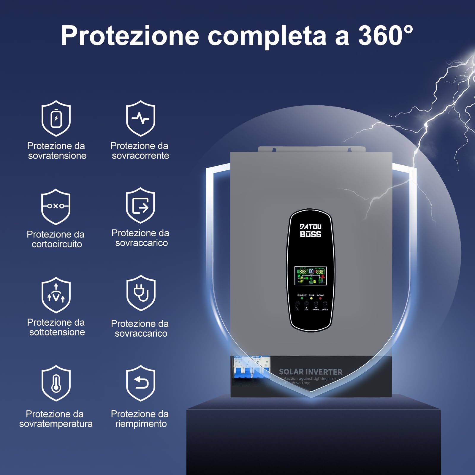 DATOUBOSS 6200W Inverter Ibrido Solare 48V, Onda Pura, Array FV fino a 8500W, Potenza Inverter FV 6500W, Protezione da Fulmini, Avvio Senza Batteria, MPPT Integrato 120A, per Sistemi Off-Grid