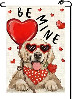 Dog Valentines Day Garden Flag 12x18 Inch Vertical Double Sided Love Heart Rose Be Mine Small Flags Anniversary Wedding Outside Decoration For Yard (ONLY FLAG) QR04