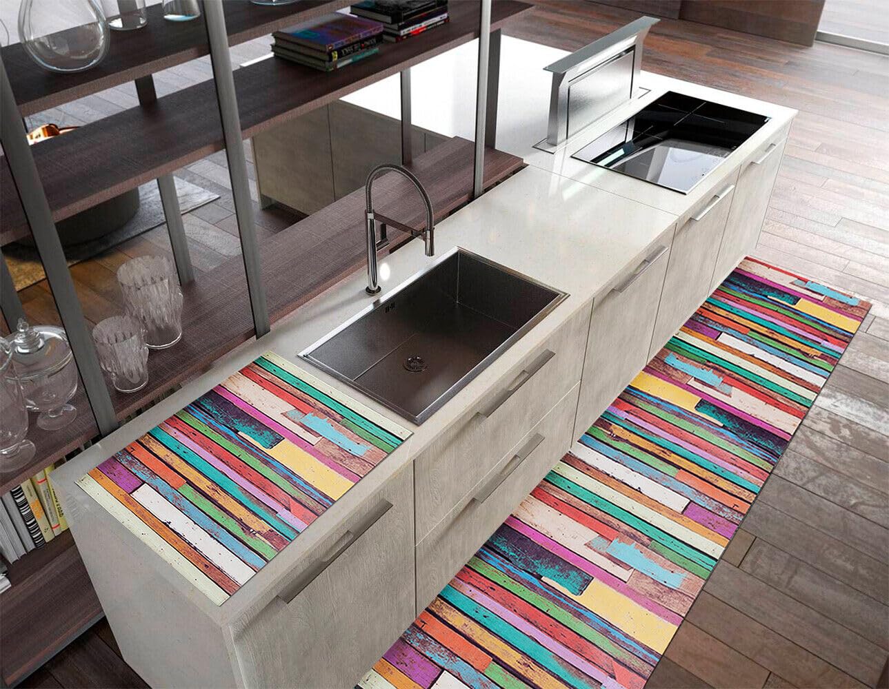 emmevi Tapis de cuisine en caoutchouc PVC, voie antidérapant, lavable, anti-taches, lattes en bois, coloré, 51 x 450 cm
