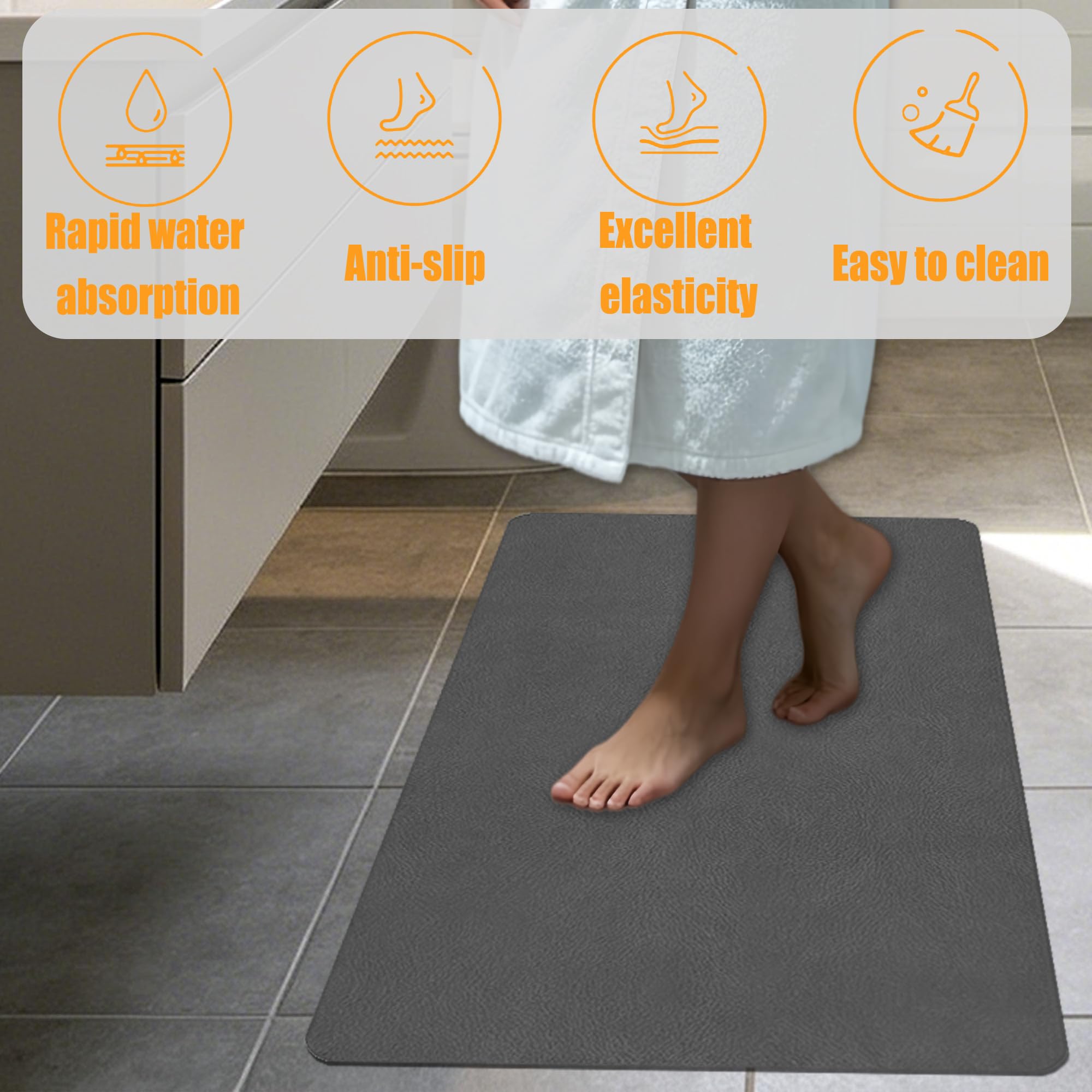 Tappeto Bagno Diatomite Antiscivolo 50 x 60 cm Assorbente Tappetino da Bagno Antiscivolo e Antimuffa Antimuffa per Doccia, Cucina, Ingresso, Grigio Scuro