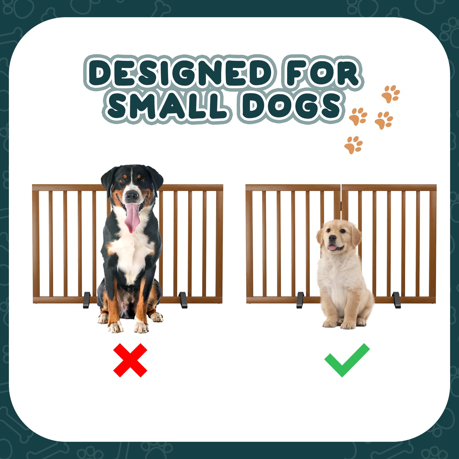 Semiocthome Puerta para perros de interior de 2 paneles independientes para cachorros para la casa con 2 soportes de metal, puerta plegable de madera para mascotas de 24 pulgadas de alto, puerta de
