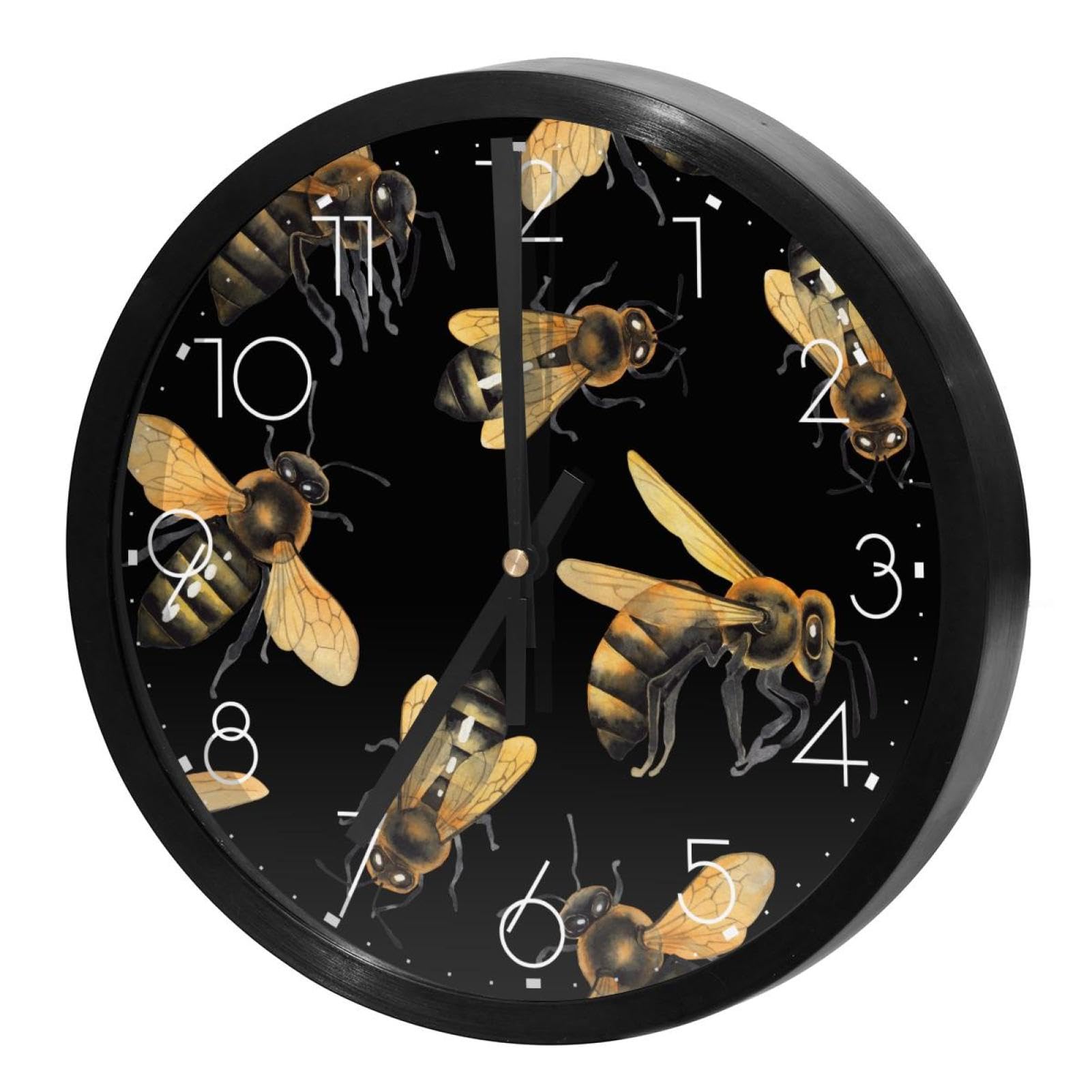 Horloge murale ronde pour cuisine et maison au design abeille aquarelle sur fond sombre