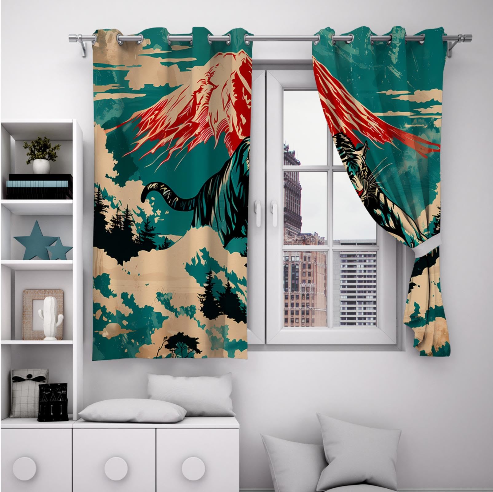 Anime dekoracje okienne Ukiyoe zasłony w japońskim stylu, zaciekły wzór tygrysa, przelotki, izolacja termiczna, zasłony 2 panele wys. 400 x szer. 100 cm