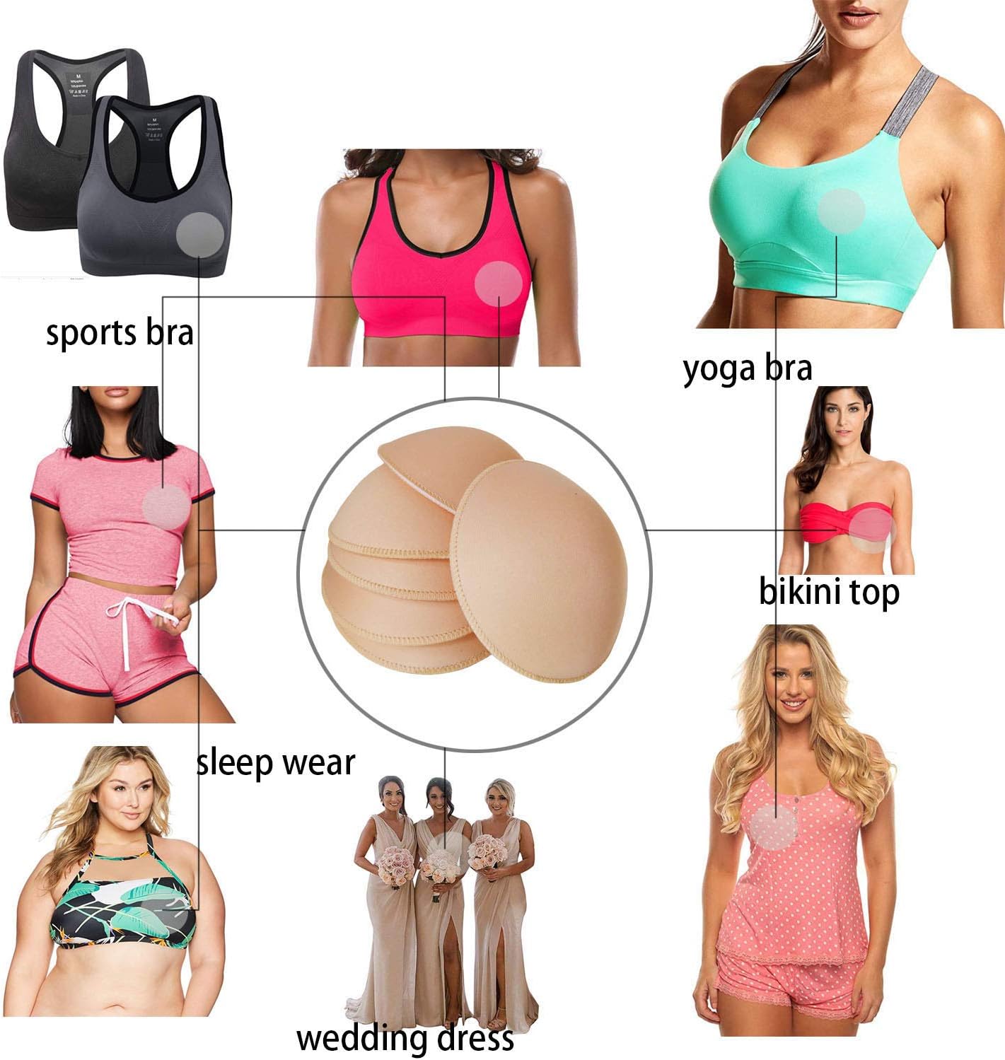 WMugthome 3 Pairs Round Seam Women's Removable Sports Yoga Bra pad, Bikini Top Bra Pads Insert