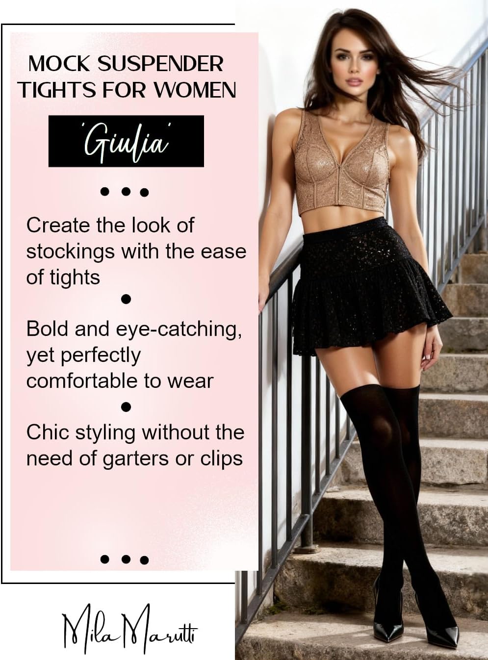 Mila Marutti Mock Suspender Pantyhose for Women | Black Faux Thigh High Garter Stockings | Patterned Fashion Tights - Image 3