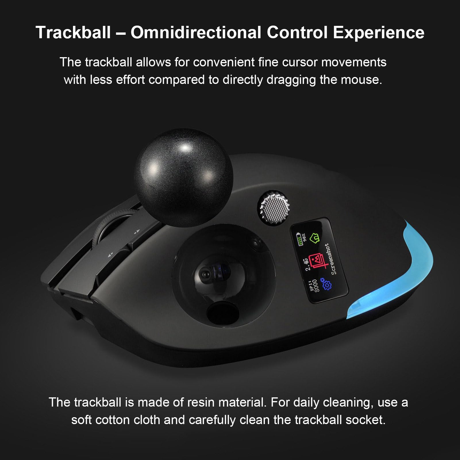 XUMIUZIY Ratón Inalámbrico con Trackball, Mouse Ergonómico, 8000 dpi, 8 Botones, Pantalla LCD a Color, for Oficina y Uso Diario (Black)