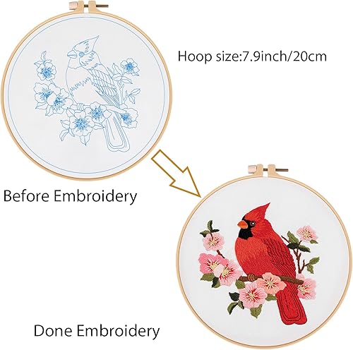 Miniatura 4 de Louise Maelys Kits de bordado cardenal para principiantes con patrón de flor de pájaro, kit de punto de cruz para adultos, kit de punto de cruz para