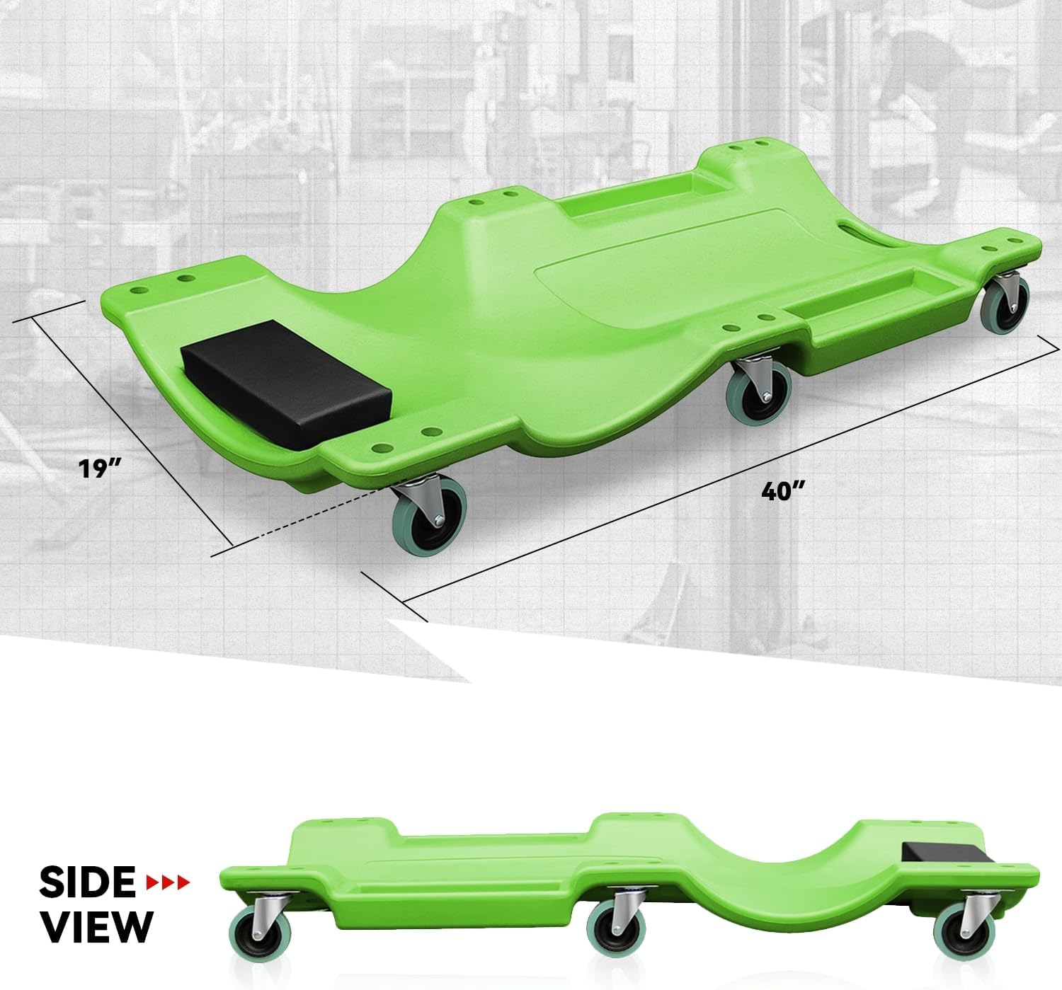 Auto Dynasty 40 Inches Mechanic Creeper, Automotive Garage Repair Low Profile Under Car Rolling Creeper with Padded Headrest, Plastic, Green