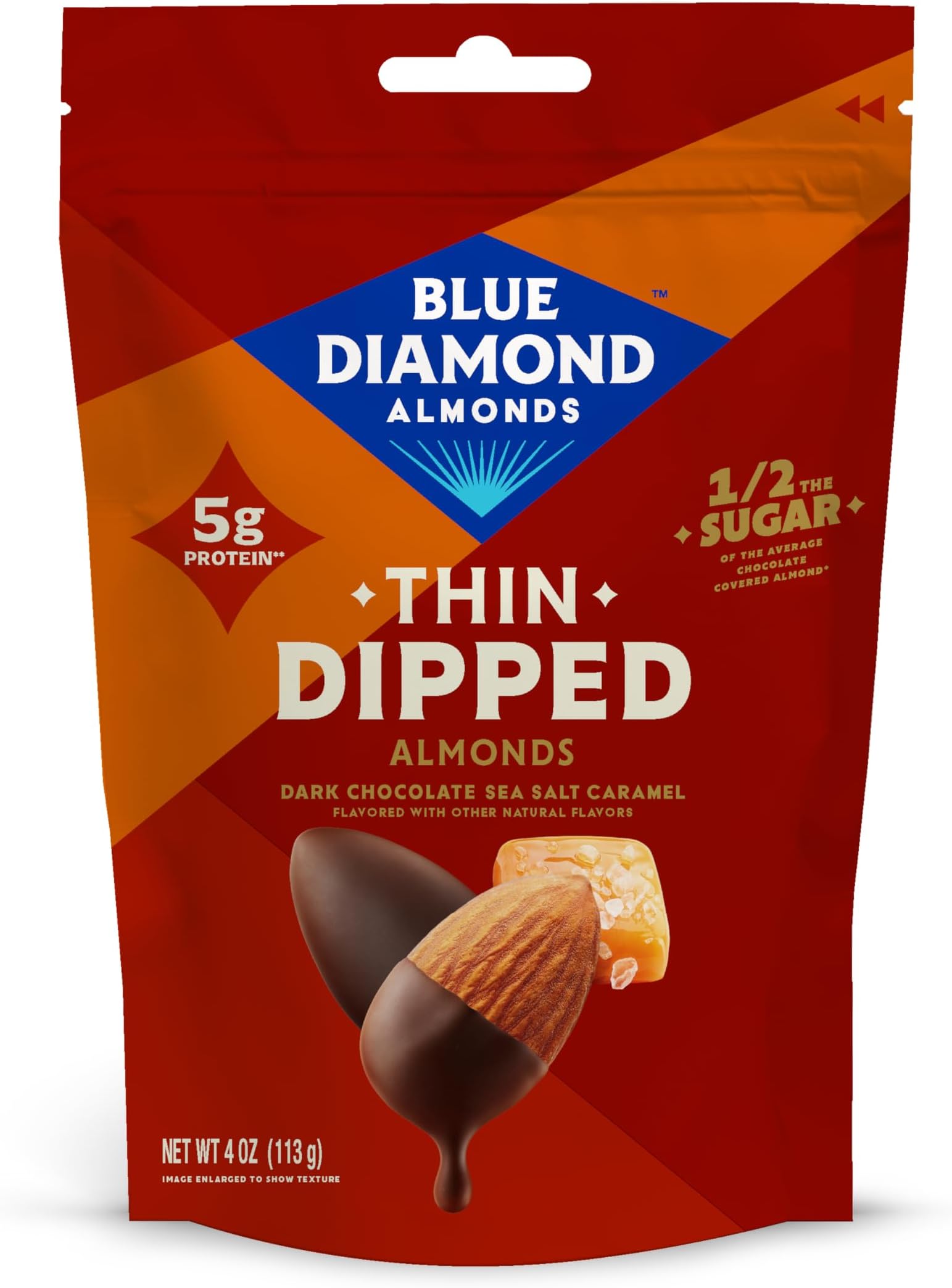 Blue Diamond Almonds, Dark Chocolate Sea Salt Caramel Covered Thin Dipped Snack Nuts for Guilt-Free Snacking with Half the Sugar, Perfect for Gathering, Holidays, or Craving a Sweet Treat, 4oz. Resealable Bag